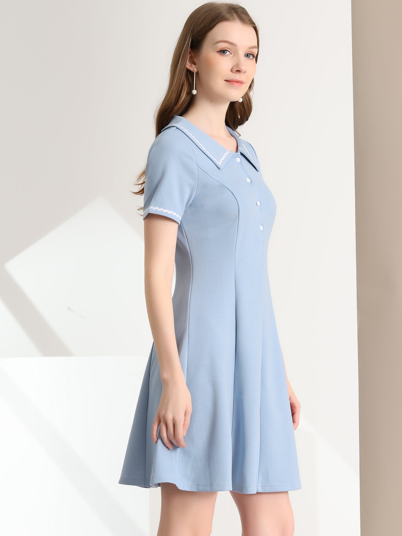 Allegra K Contrast Turn Down Collar Half Placket Mini A-Line Dress