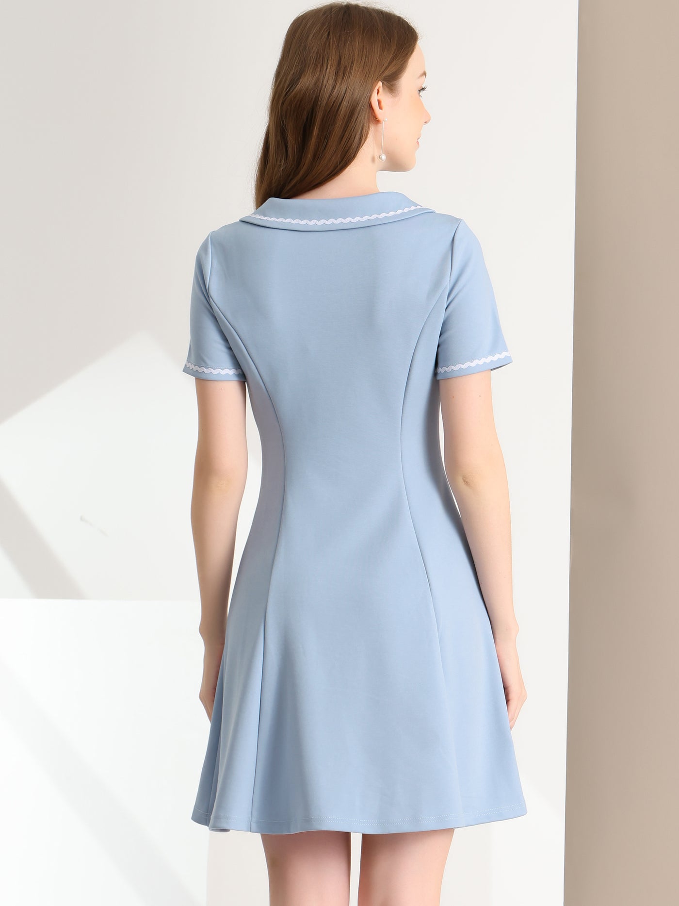 Allegra K Contrast Turn Down Collar Half Placket Mini A-Line Dress