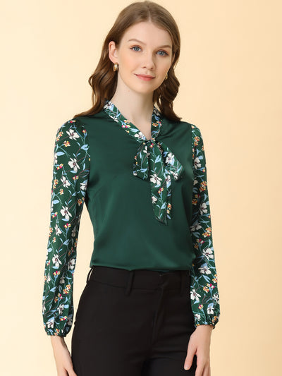 Allegra K Satin Contrast Floral Panel Bow Tie Long Sleeve Work Blouse
