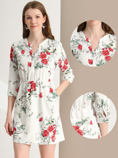 Button-Up V Neck 3/4 Sleeve Floral T-Shirt Dress with Pockets