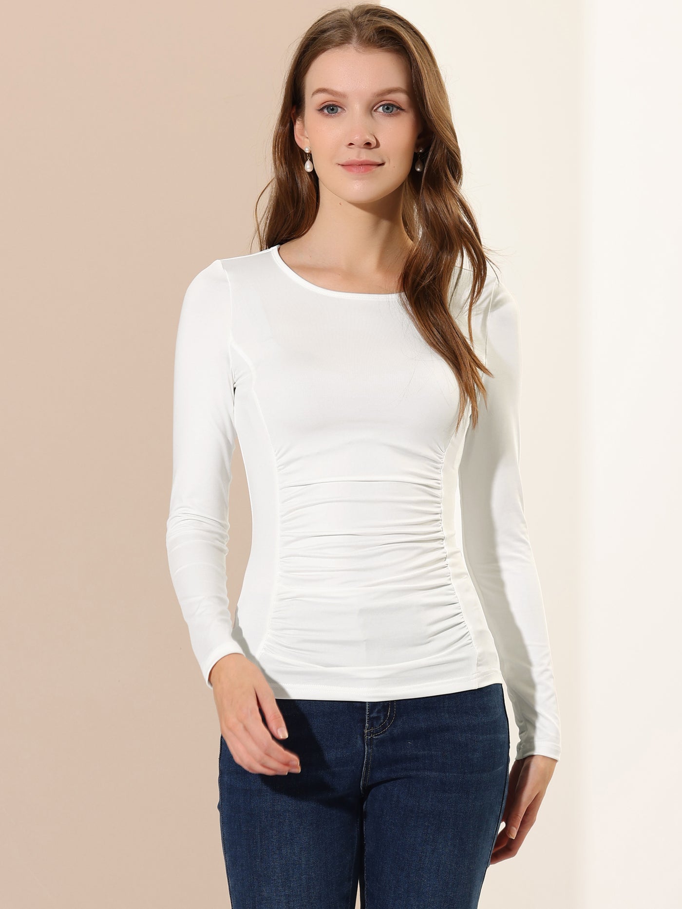 Allegra K Round Neck Long Sleeve Solid Fitted Ruched Top
