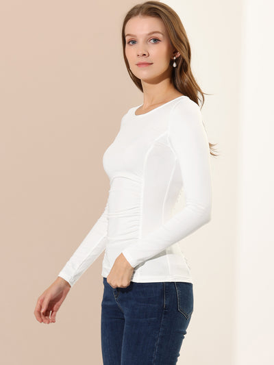 Round Neck Long Sleeve Solid Fitted Ruched Top