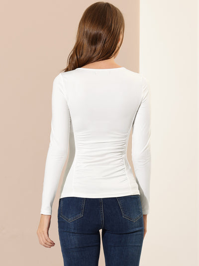 Round Neck Long Sleeve Solid Fitted Ruched Top