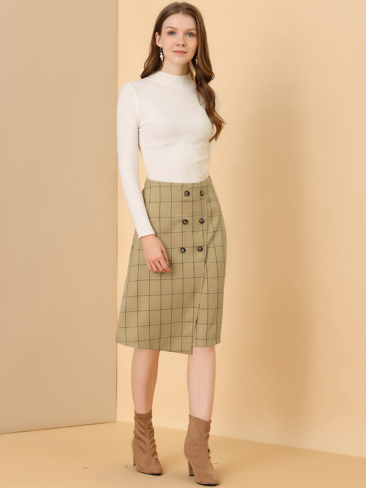 Allegra K Work Office Grid Plaid Buttons Knee Length A-line High Waist Skirt