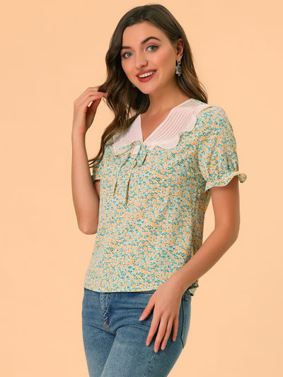 Ditsy Floral Blouse Ruffle V Neck Puff Sleeve Chiffon Peasant Top