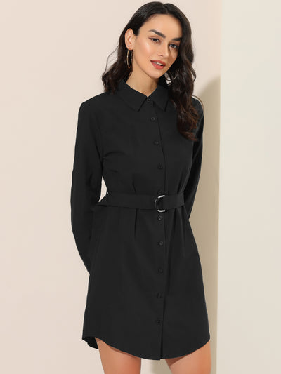 Belted Roll Up Sleeve Button Up Collared Shirt Dress