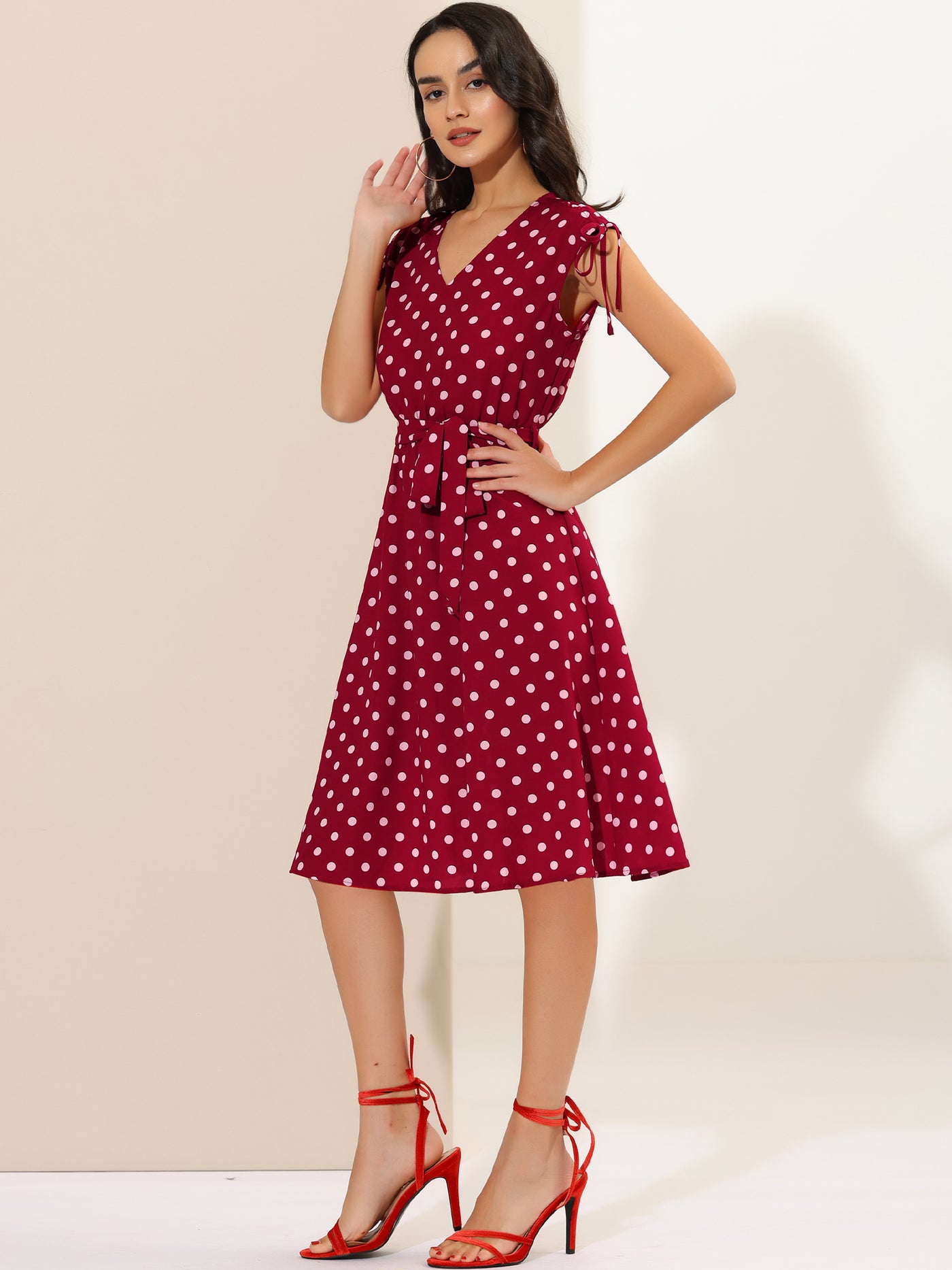 Allegra K Polka Dots 1950s Vintage V Neck A-Line Sleeveless Midi Dress