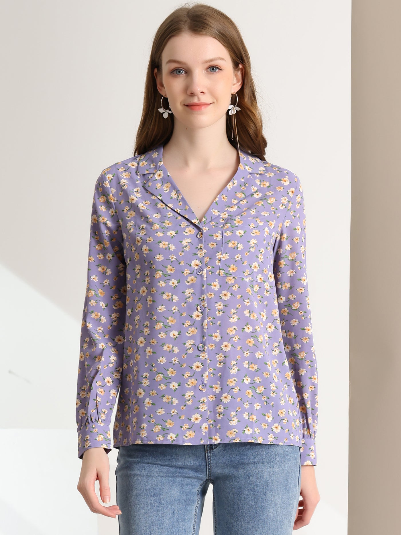 Allegra K 1950s Vintage Long Sleeve Printed Button Down Tops