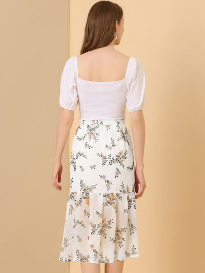 Floral Elastic Waist Bodycon Ruffle Hem Chiffon Fishtail Skirt