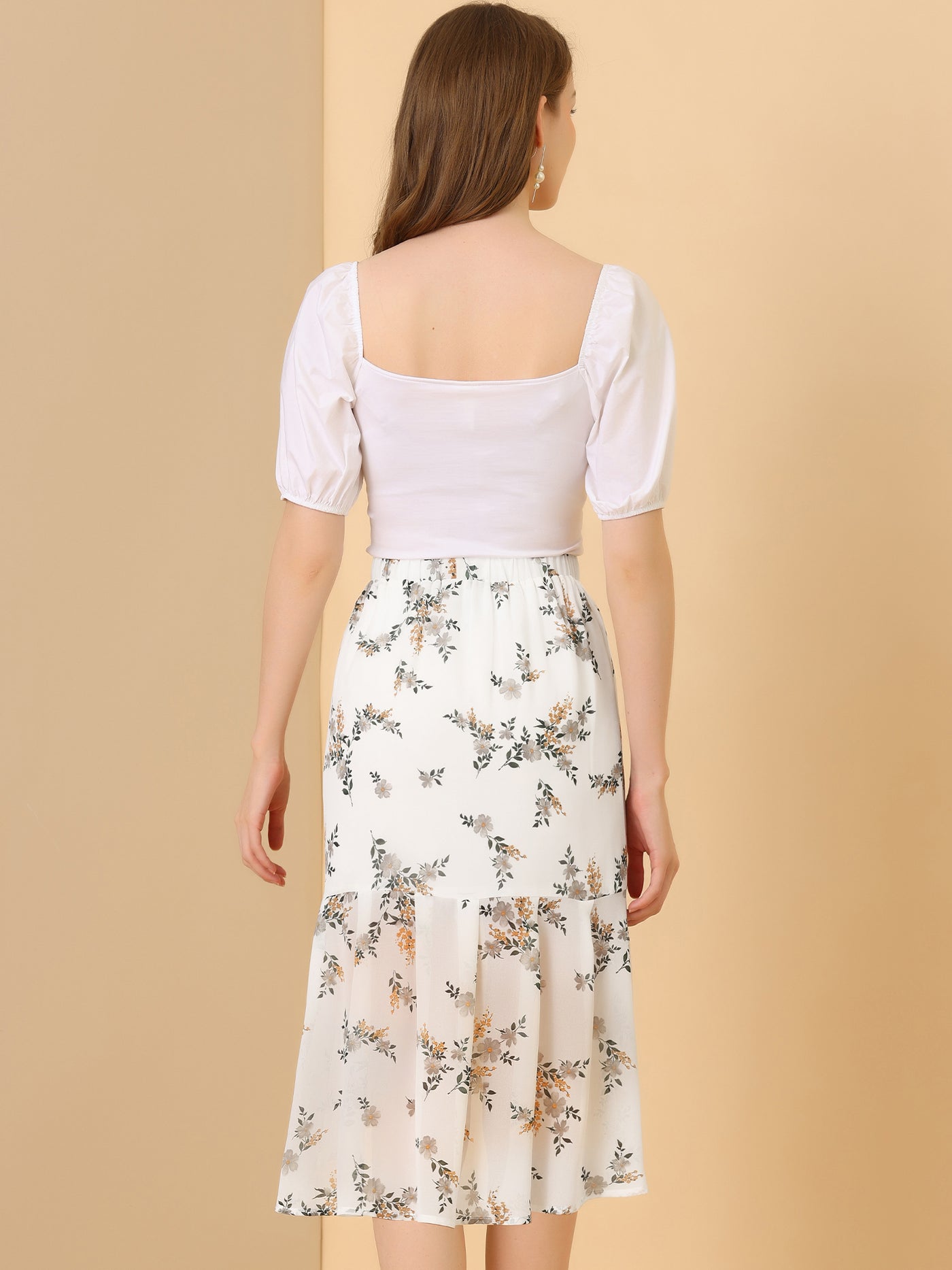 Allegra K Floral Elastic Waist Bodycon Ruffle Hem Chiffon Fishtail Skirt