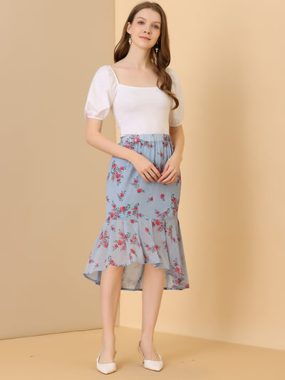 Floral Elastic Waist Bodycon Ruffle Hem Chiffon Fishtail Skirt