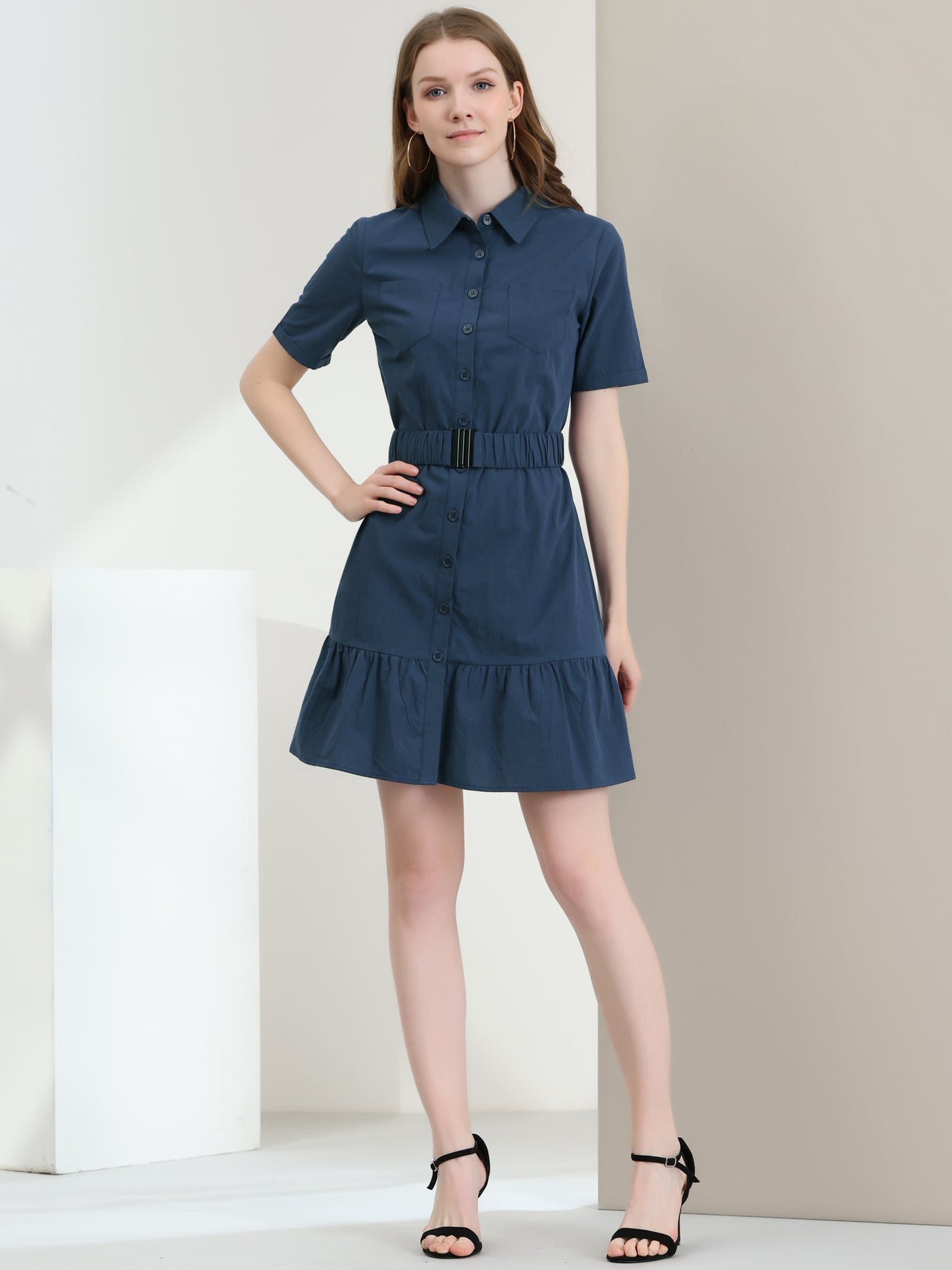 Allegra K Safari Button-Down Shift Belted Ruffle Cotton Office Shirt Dress