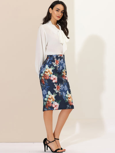 Floral Elastic Waistband Bodycon Pencil Skirt with Back Slit