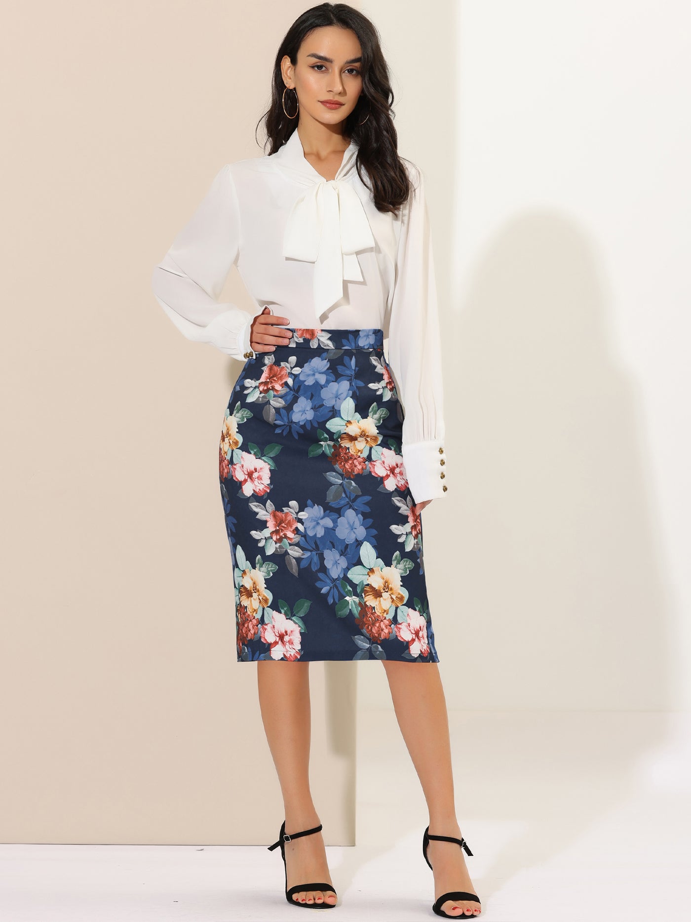 Allegra K Floral Elastic Waistband Bodycon Pencil Skirt with Back Slit