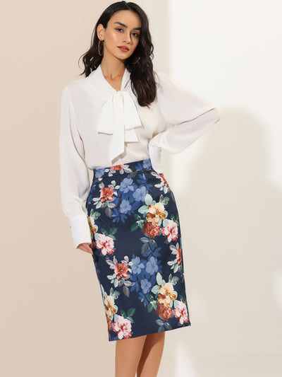 Floral Elastic Waistband Bodycon Pencil Skirt with Back Slit