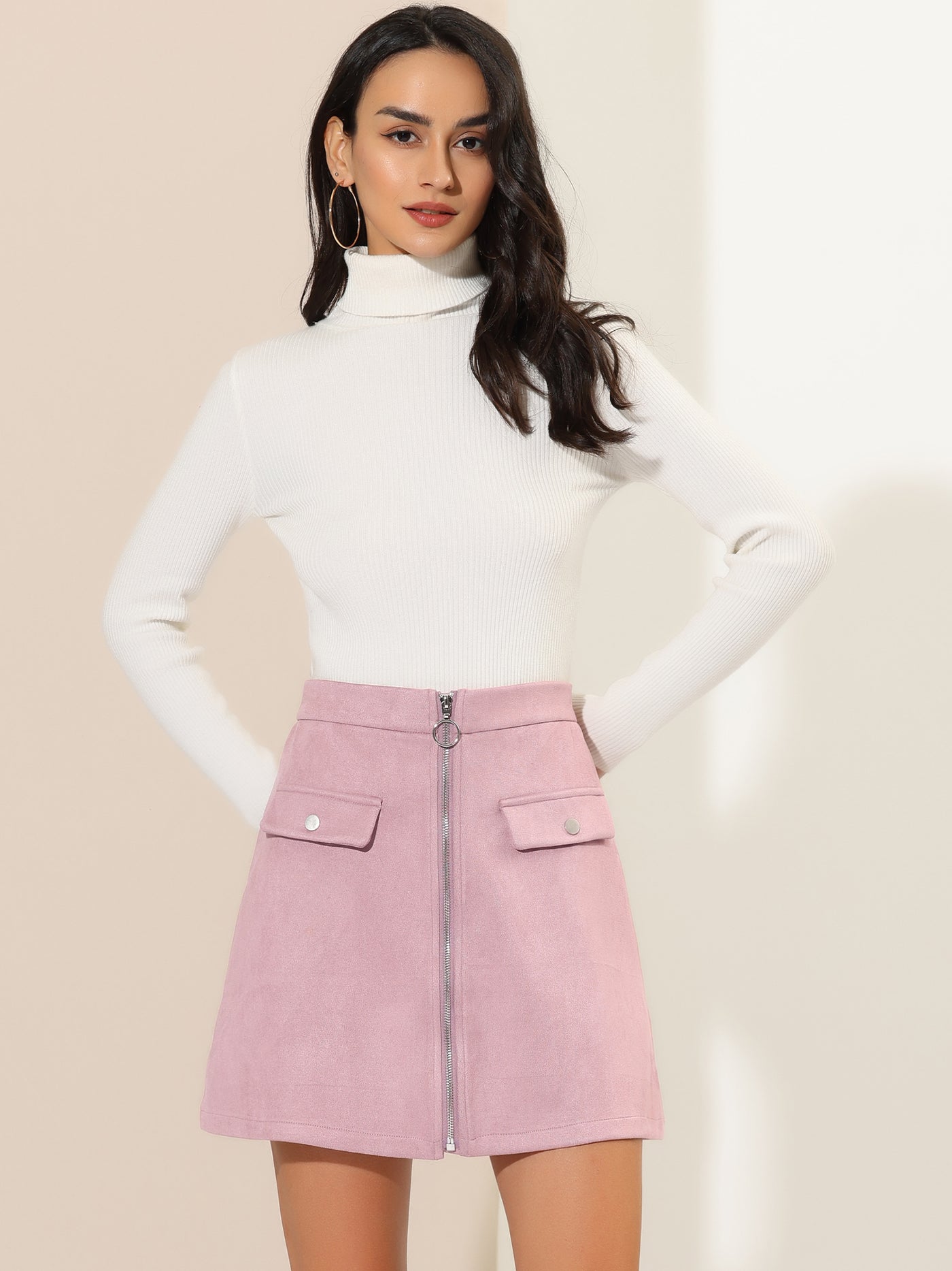 Allegra K Zipper Front High Waist A-Line Faux Suede Mini Skirt