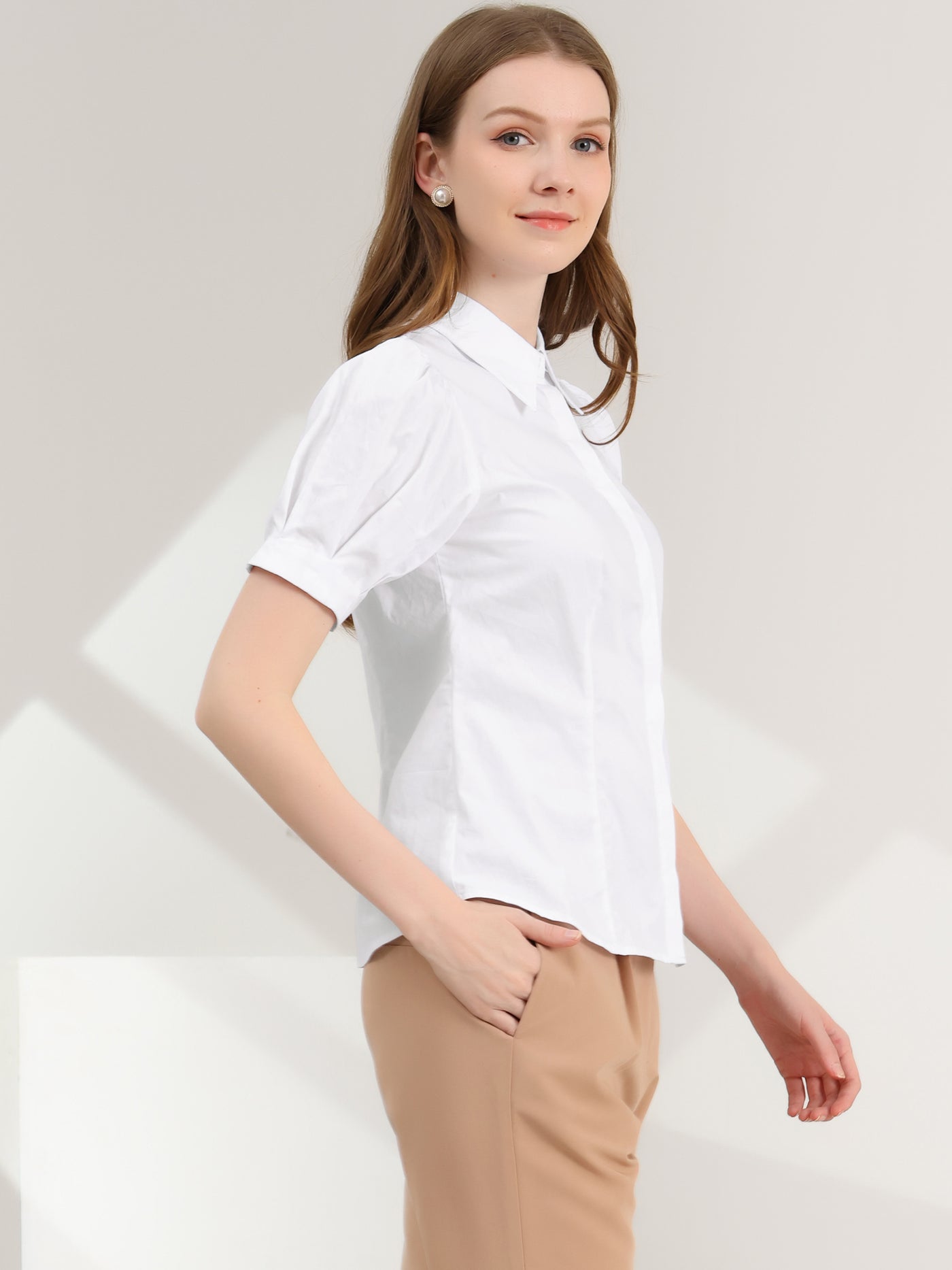 Allegra K Puff Sleeve Collared Cotton Work Office Button Down Shirt