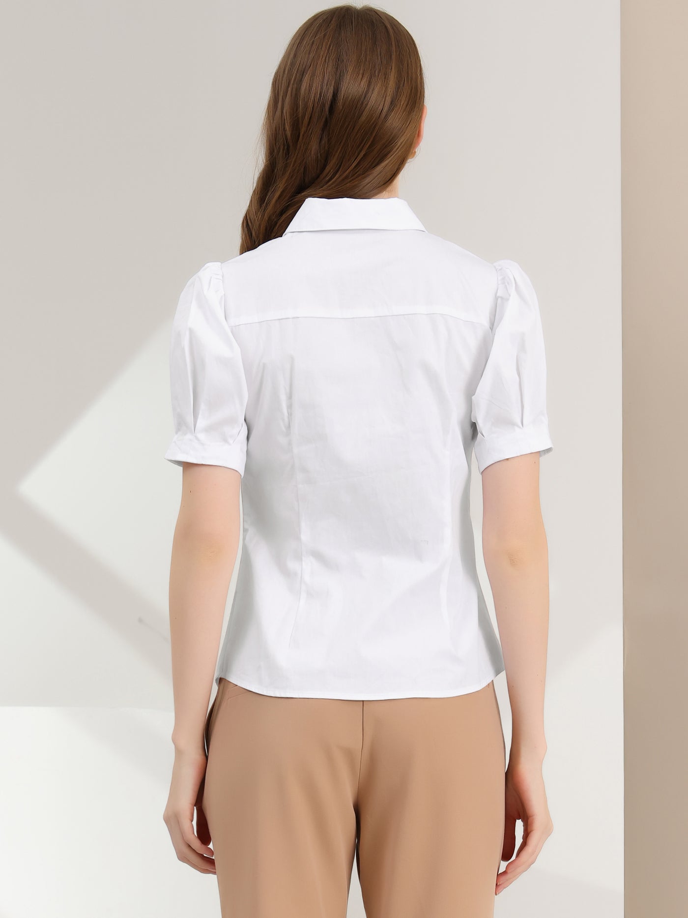 Allegra K Puff Sleeve Collared Cotton Work Office Button Down Shirt