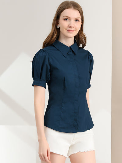 Puff Sleeve Collared Cotton Work Office Button Down Shirt