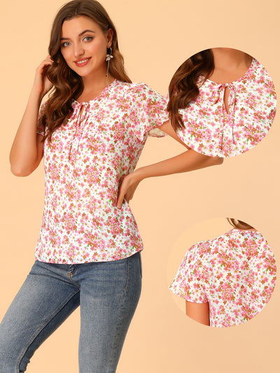 Tie Neck Short Sleeve Ruffled Floral Blouse