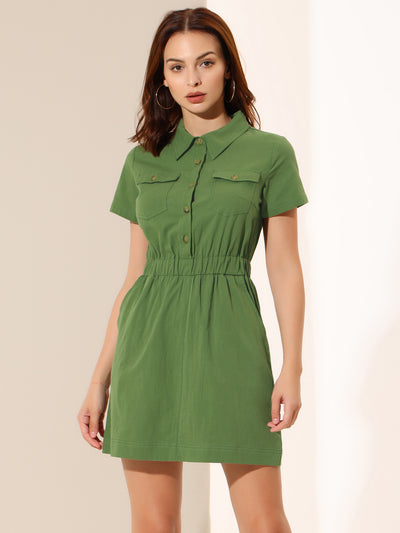 Short Sleeve Safari Shirtdress Button Front Cotton Collar Dress