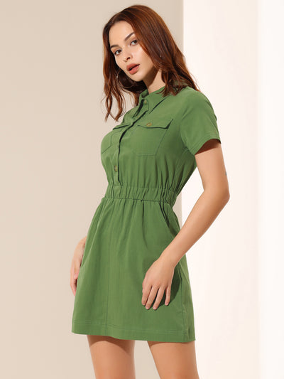 Short Sleeve Safari Shirtdress Button Front Cotton Collar Dress