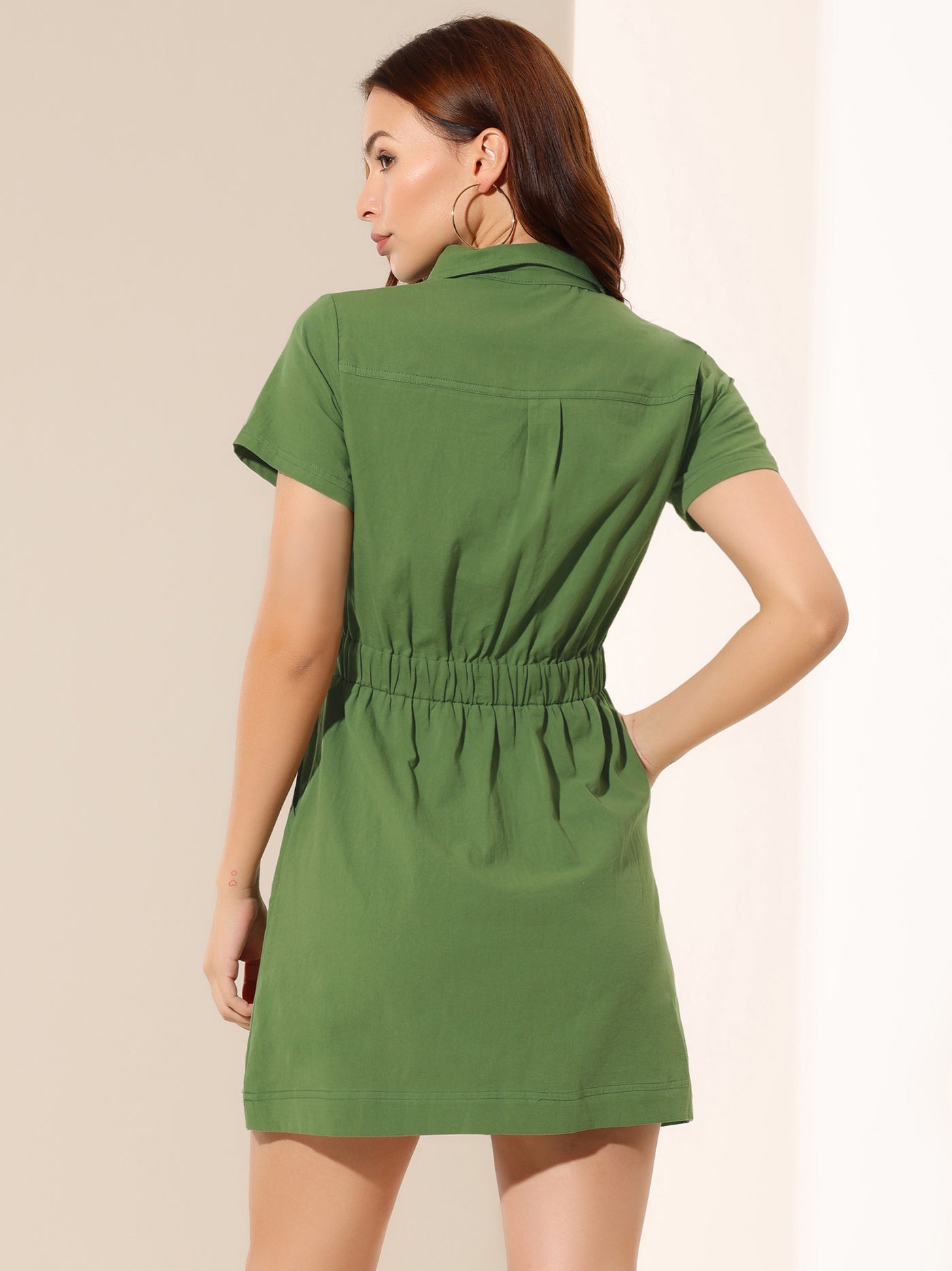 Allegra K Short Sleeve Safari Shirtdress Button Front Cotton Collar Dress