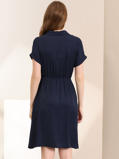 Notched Lapel Elastic Waist Pocket A-Line Safari Shirt Dress