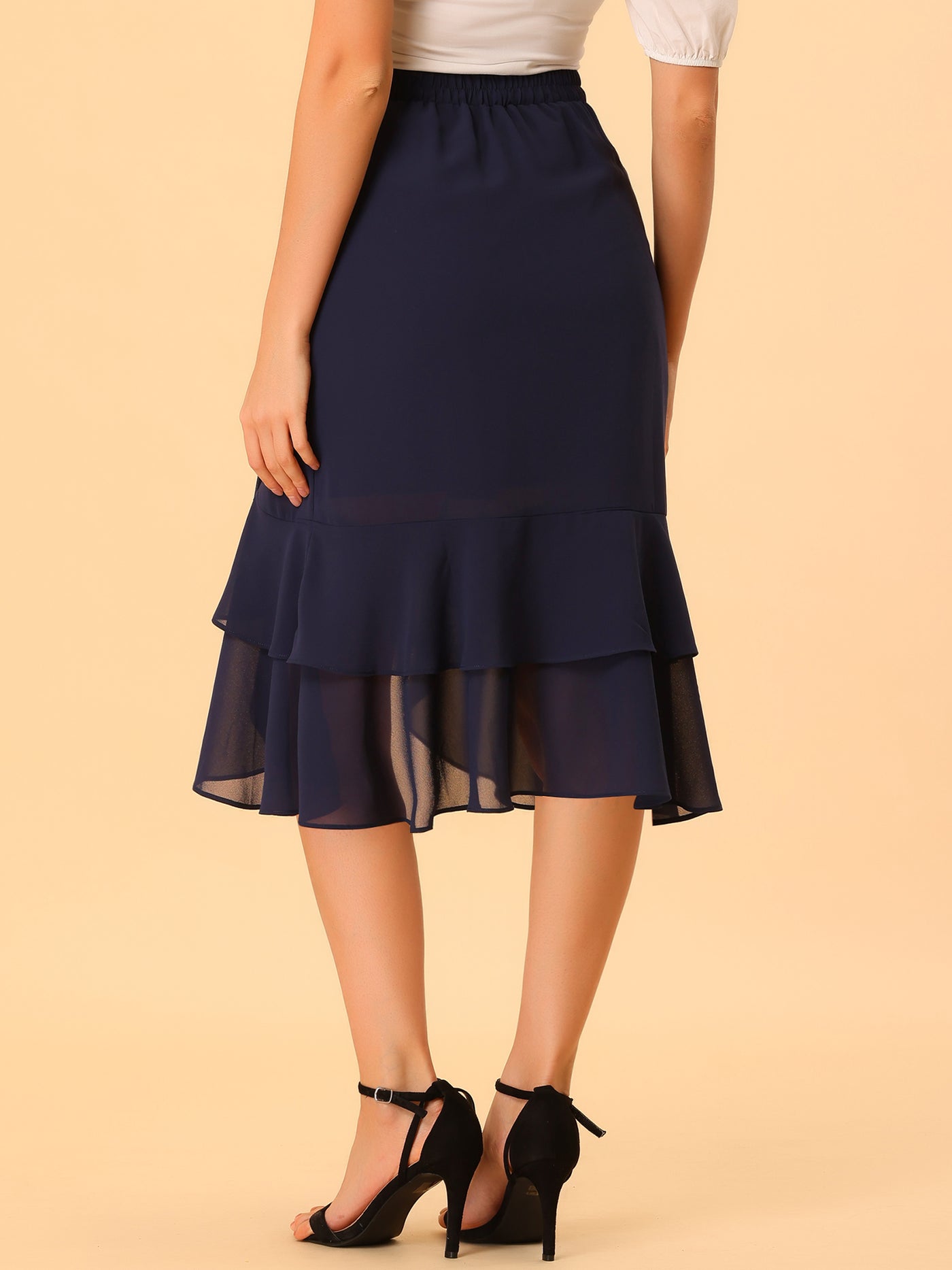 Allegra K Ruffle Chiffon Tie Waist Asymmetrical Summer Midi Skirt