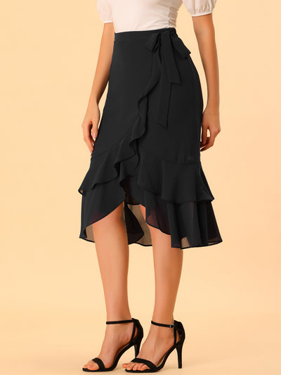 Ruffle Chiffon Tie Waist Asymmetrical Summer Midi Skirt
