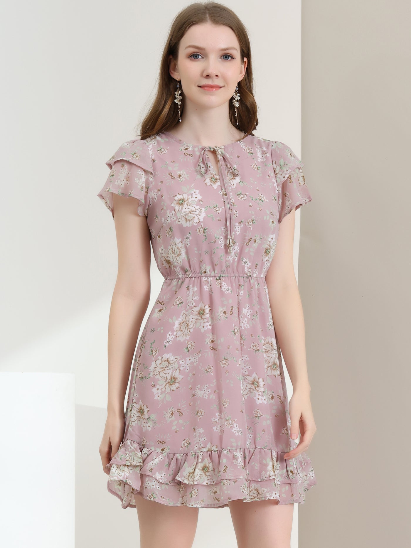 Allegra K Ruffle Sleeve Self-Tie V Neck Above Knee A-Line Floral Chiffon Dress