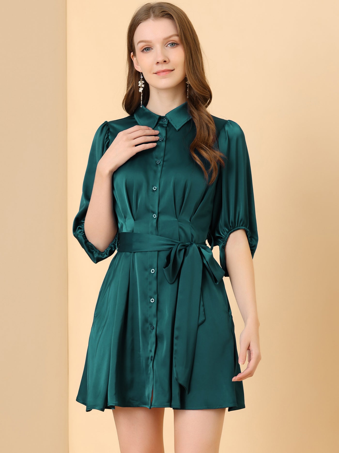 Allegra K Elegant Satin Pleated Waist A-Line Belted Puff Sleeve Shirt Dress