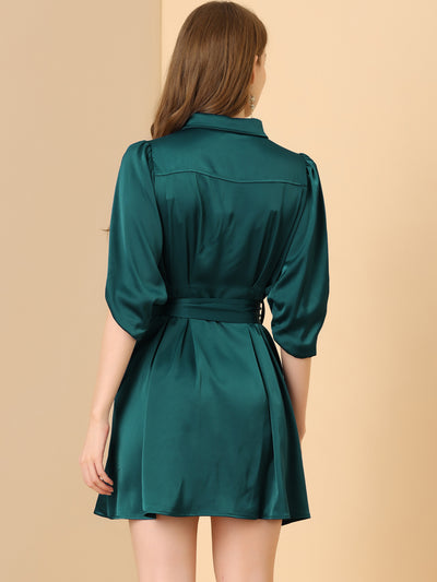 Elegant Satin Pleated Waist A-Line Belted Puff Sleeve Shirt Dress