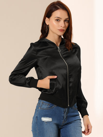Casual Zipper Front Satin Hooded Bomber Jacket
