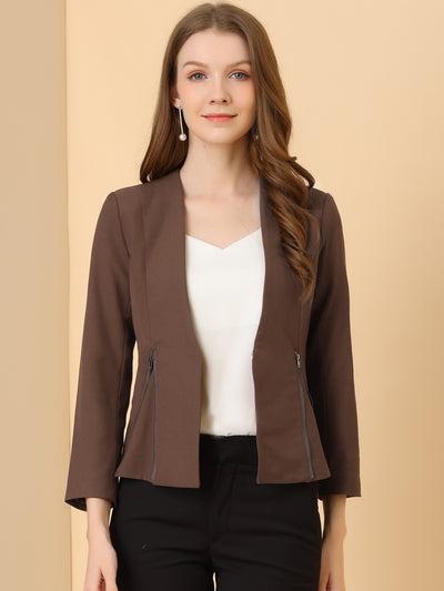 Crop Collarless Blazers Suit Zip Decor Work Office Jacket Blazer