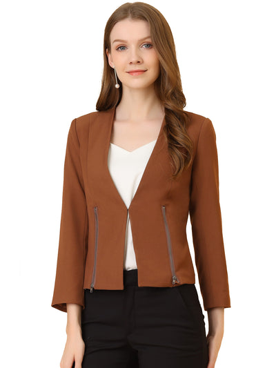 Crop Collarless Blazers Suit Zip Decor Work Office Jacket Blazer