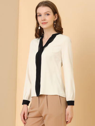 Split Neck Pleated Front Office Work Contrast Color Blouse Tops