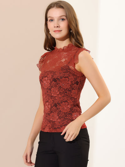 Sleeveless Blouse See Through Ruffle Semi Sheer Floral Lace Top