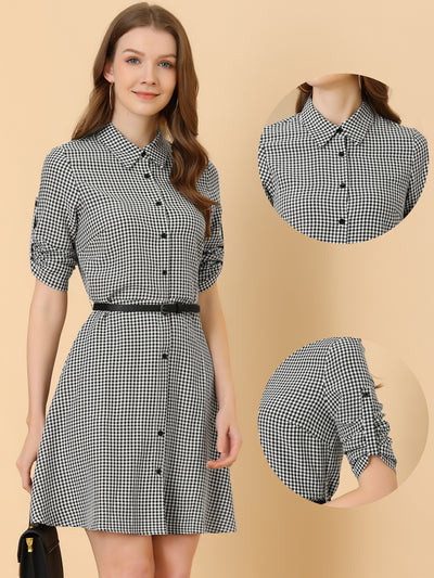 Button Down Roll Up 3/4 Sleeve Belted Tartan Plaid Shirt Dress