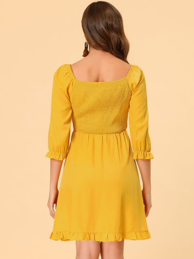 Square Neck 3/4 Sleeve Solid Color High Waist Smocked Dress