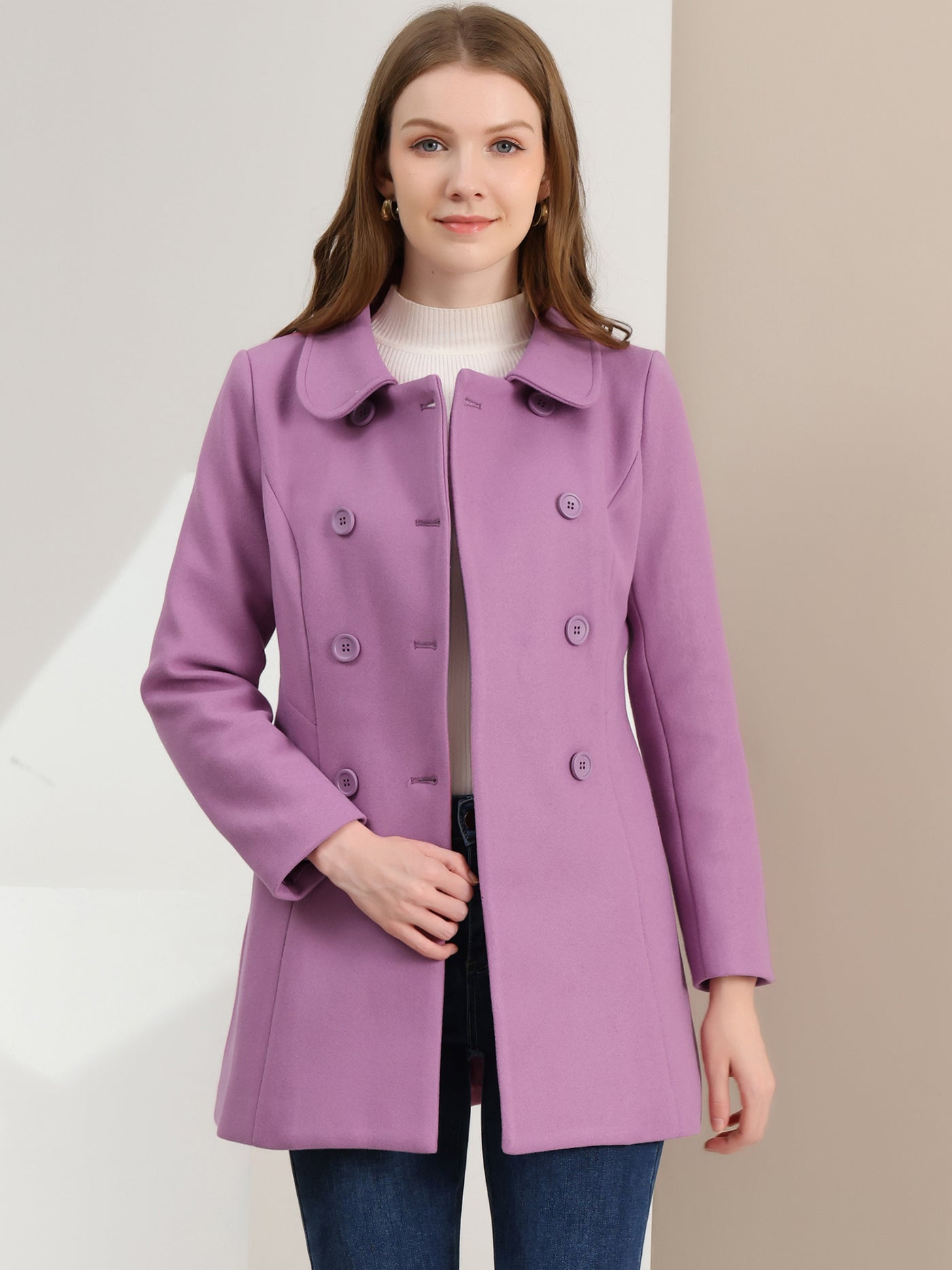 Allegra K Peter Pan Collar Double Breasted Winter Long Trench Pea Coat