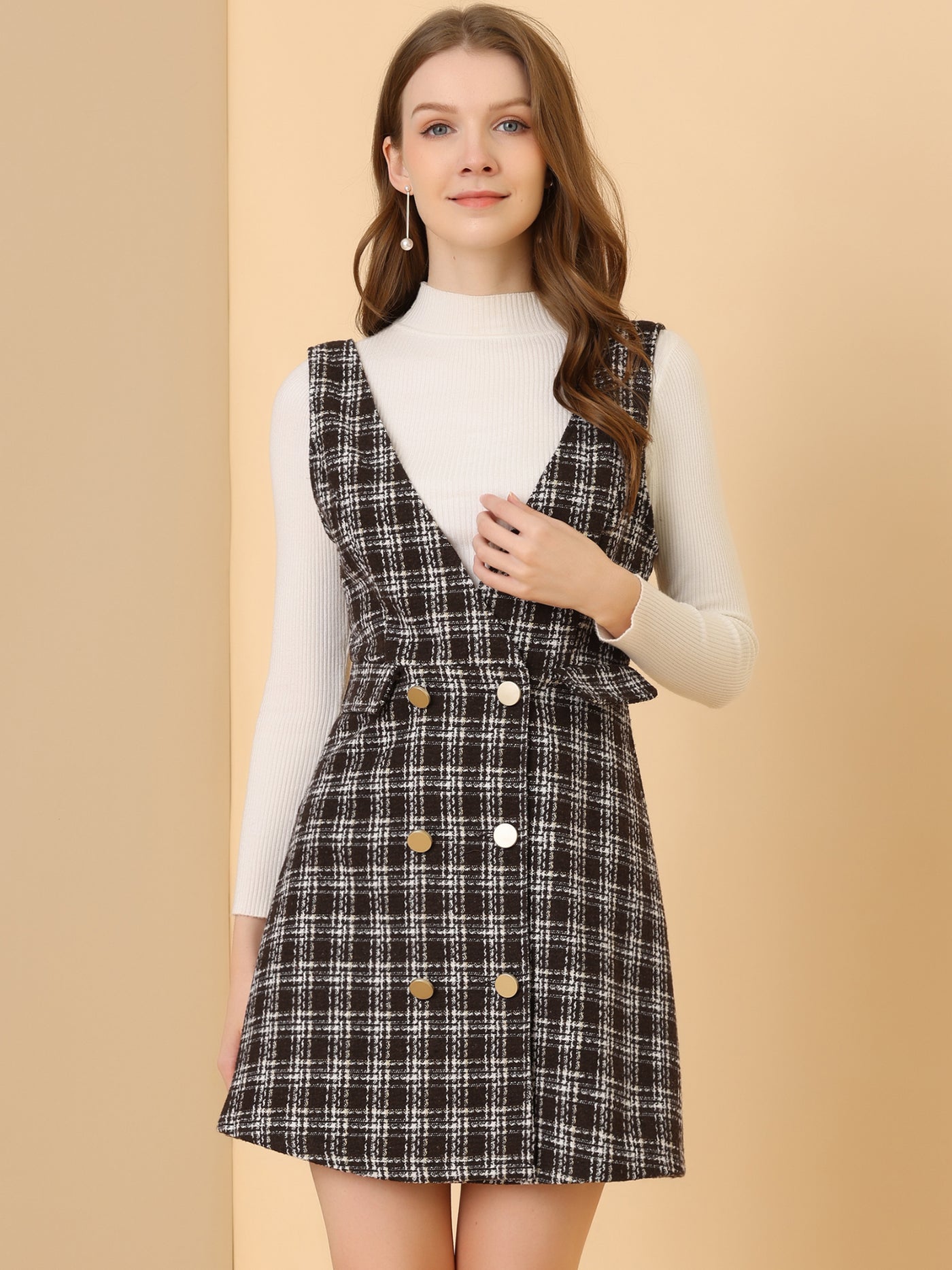 Allegra K Elegant Button Front V Neck Plaid Tweed Overalls Pinafore Dress
