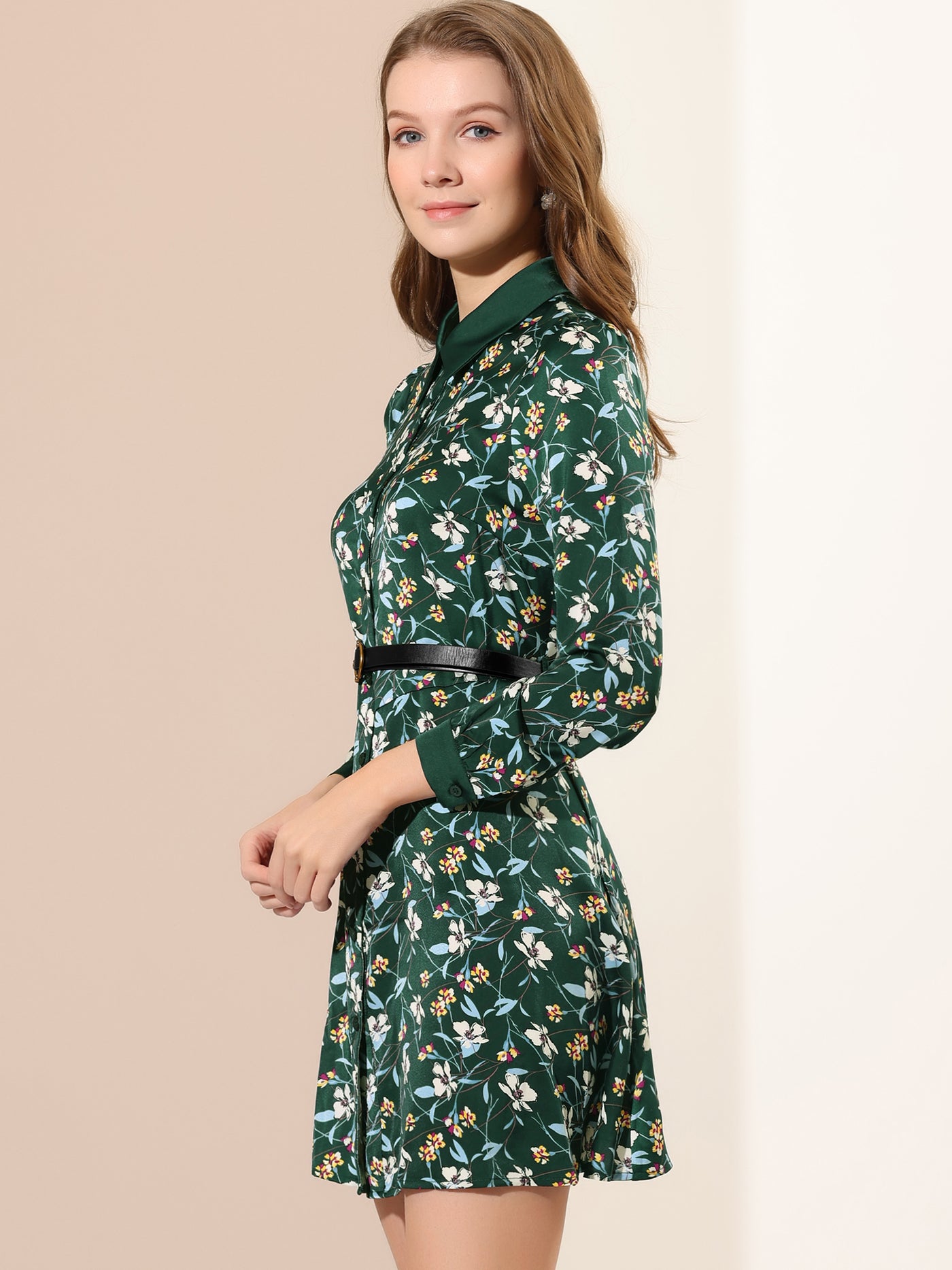 Allegra K Floral Satin Spring Fall Long Sleeve Belted Button Down Dress