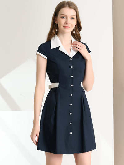 Allegra K Retro Button Down Flat Collar Belted Office Mini Shirt Dress