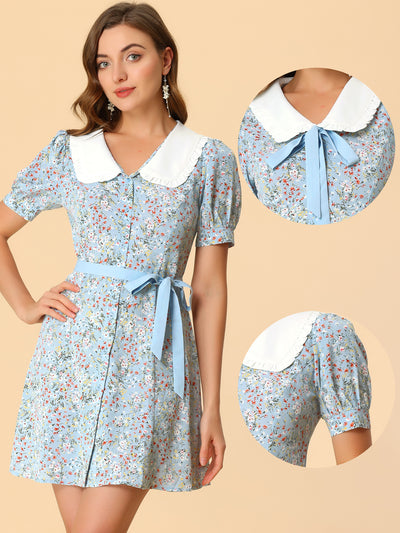 Peter Pan Collar Flowy Short Sleeve Ruffle Summer Floral Shirt Dress