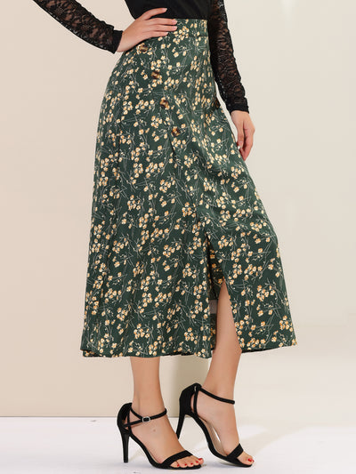 Floral Print Button Decor A-Line High Waist Slit Maxi Skirt