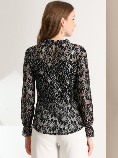 Women's Elegant See Through Top Ruffle Frill Neck Long Sleeve Floral Lace Blouse