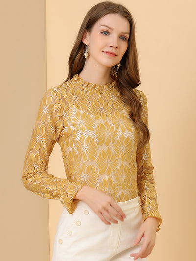Women's Elegant See Through Top Ruffle Frill Neck Long Sleeve Floral Lace Blouse