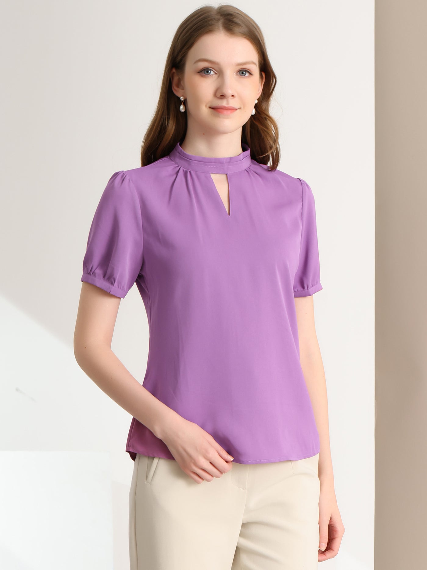 Allegra K Office Elegant Stand Collar Short Sleeve Cut Out Keyhole Blouse