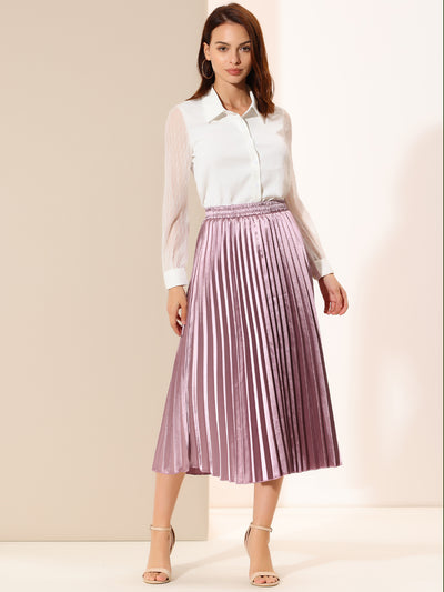 Party Elastic Waist Metallic Shiny Pleated Midi Skirt